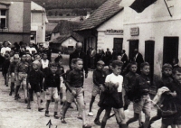 On a scout camp in the Bohemian Forest (the boy marked with an arrow)