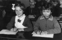 Eva Hejdová as a child in a school desk, 1960