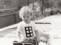 Son Vítěk in a shirt with the samizdat edition Vokno print, circa 1989