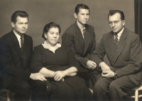 Hrabalík: missing grandfather František, who was a political prisoner (see additional materials) / from left: father Zdeněk, grandmother Františka, uncle František and uncle Václav / P. Hrabalik archive, ca. late 1950s