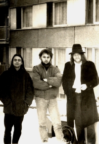 Našrot – „promo“ foto, HB, prosinec 1990, zleva Jouza, Martha, Hraboš, foto Petr „Zé“ Táborský