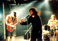 Filming of the video "21 Reasons" in Prague, in the club Bunkr, January 1994, from left Ceemek, Hraboš, Jouza, photo: Pavel Vitek