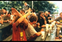 August 2001 / Našrot live Trutnov Open Air / backstage (in front probably Čáryfuk, in the back Hraboš, Čuňas and half of Komín / Photo: M. Lédl)