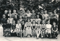 Eva Tůmová as teacher, center, 1954