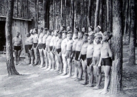 Josef Klouček, the father of the witness (man on the far left) at the arrival of the boys at the Sokol summer camp, which he organized and led