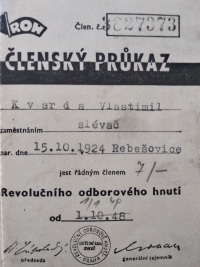 Trade unions membership card of Jaroslava Kvardová's husband