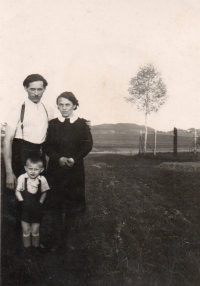 Josef Chrástka taking a walk with his parents, Suché Vrbné near České Budějovice