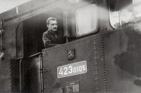 Josef Chrástka the engine driver, Volary depot, September 1959. His first duty after completing driver's tests