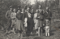 Institute of Biology, Hradec Králové, personnel on trip in 1947, Dr Balthasar in the middle, behind him in a white shirt is the witness 