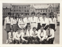 Team of leaders of Základní škola Baarova, Alena Mašková, first standing from the right, 1. máje Square, České Budějovice, 1970