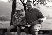 Pavla Mikešová's father Jan Sedláček with his daughter Alena, Pavla's sister / around 1966