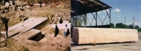 Sandstone for the Marian Column in a quarry in India (left) and after its extraction (right)