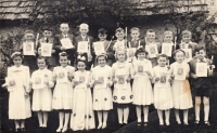 Marie Štráchalová (the 2nd one from the left) at Holy Communion, Laziště (approx. 1954)