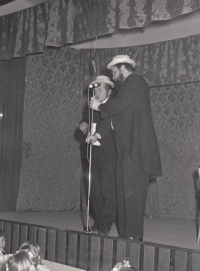 Viktor Spousta and Karel Rakusan (left), performance for employees of Xaverov poultry farms, 1970-1975