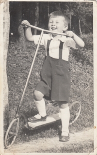 Lubomír with a scooter. Přelouč region, 1942