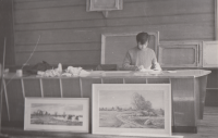 Jiří Peša during the installation of the Group of Five exhibition in Veselí nad Moravou, 1972