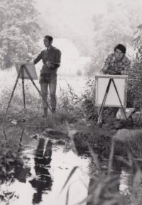 Group of Five painting en plein air (on the right Jiří Peša), 1970s