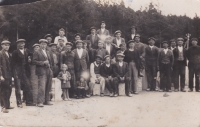 Stonemasons from Březek. Second from left, Marie's father, Karel Stojan, and her brother Karel, behind the baluster. 1940's