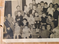 Žilina 1949, Hanukkah celebration, father Juraj top left, Martin Rodan second from him