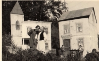 The witness's father (right) in the play "Small-town Gossips", community theatre Hýbl in 1954