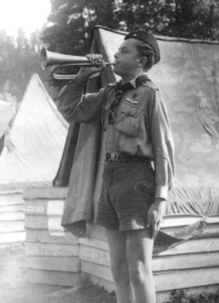 Vladimir Popelka blowing the lights out, Nekoř in Orlické Mountains, 1946