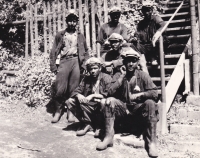 Jan Blizňák (sitting in the middle) with the team from the Eduard Urx Mine, 1966