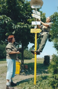 With his wife Vlasta, marking hiking trails in Beskydy