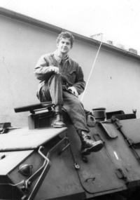 Jan Dvořák on an armored personnel carrier in the Na Míčánky barracks in Prague-Vršovice during basic military service

