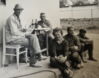 Construction of a house in Vlastiboř in 1970, Jaroslava Kotlabová in the front
