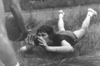 Marta Pechová training with a medicine ball in the 1970s