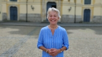 Agathe in front of the Hejnice church of Visitation of the Virgin which was founded by her ancestors. July 2022