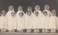 Children’s performance at a school show, primary school in Hroznová Lhota, 1950s