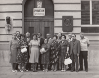 Milada Rejmanová (fifth from left) with teachers of the Marie Kudeříková High School in Strážnice, František Rejman is second from left, 1970s