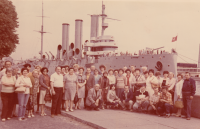 With a group of teachers in front of the Aurora cruiser during a trip to Leningrad, 1985