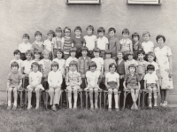 Class teacher with her first class in primary school in Hroznová Lhota