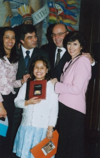 Eliška Krausová (right) at the Academy of Languages in Bogotá, launching her husband's book. Next to Eliška, her husband's son Andres Chaves with his wife Adriana and daughter Camila and Juan Carlos Chaves, nephew, 2007