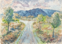 A picture painted by Oldřich Rosůlek, showing a road near Lázně Kynžvart /1970s/