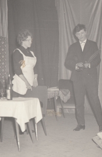 Oldřich Rosůlek as an actor of the amateur theatre in Druztová during the performance of the play Nebezpečná přítelkyně (Dangerous Girlfriend) in 1965