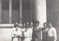 Marie Poláková (with glasses) with classmates and a teacher from the tailoring apprenticeship in Nová Paka around 1970