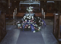 Pavel Wonka’s funeral, the coffin in church; Vrchlabí, 1988