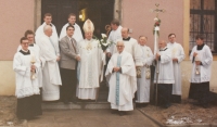 Consecration of repaired statues, Bishop Otčenášek in the middle, Králíky, 1990s