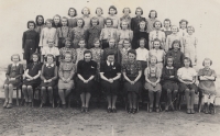 Group photo from the town school in Němčice, Miroslava Molíková, first from the left
