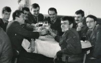 Martin Cvrček (second from left) with other graduates on a leave in a pub, class 1986/1987