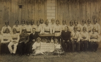 The first district convention of the fire brigades in Dolní Orlice; father Václav Kalousek is sitting third from the right, 7 July 1946