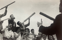 Joking with the pipes of the organ in Krnov, where the organ was made, Jitka Chaloupková second from the right