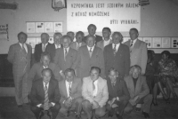 Ladislav Tomas with amateur actors in the 1950s in a restaurant in Paceřice, front row centre