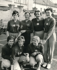 Věra Hrabáková (first from the top right) in the team of OP Prostějov. Next to her stands Bohuslava 'Bobina' Donthová, maiden name Cígerová, role model of Věra Hrabáková