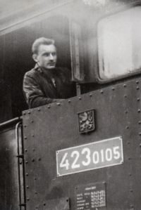 Josef Chrástka in 1959 when first on duty as an engine driver, Volary