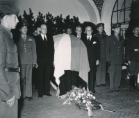 The funeral of Edvard Beneš. Father Bohuslav Matouš (fifth from the right) holds a guard of honour at the coffin, Sezimovo Ústí, 10 September 1948