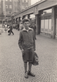 In front of the station building in Prague and departure for the international camp in Romania, 1958